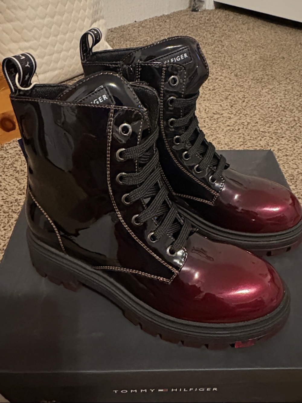 Tommy Hilfiger Black and Burgundy Patent Lace-Up Combat Boots